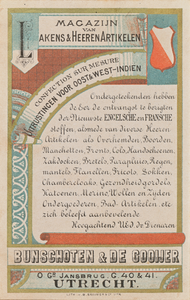 710547 Voorzijde van een reclamekaart van Bunschoten & De Gooijer, Magazijn van Lakens & Heeren Artikelen, ...